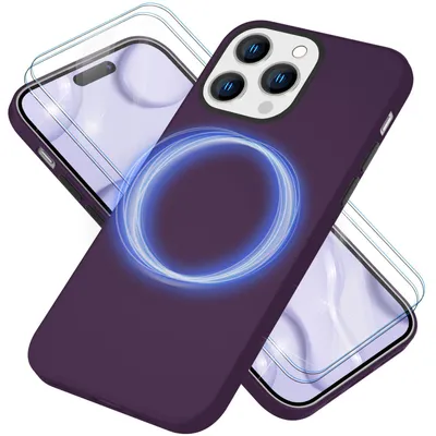 Produktbild von MagSafe Hülle mit 2x Schutz Glas für iPhone 14 Pro Max, Easy Clean Silikon Case Burgunder