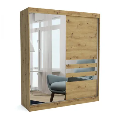 Produktbild von Brent - Kleiderschrank mit Spiegel Henry, Schlafzimmerschrank mit 1 Kleiderstange und Einlegeböden für Kleidung, 180x215x60 cm, Artisan Eiche