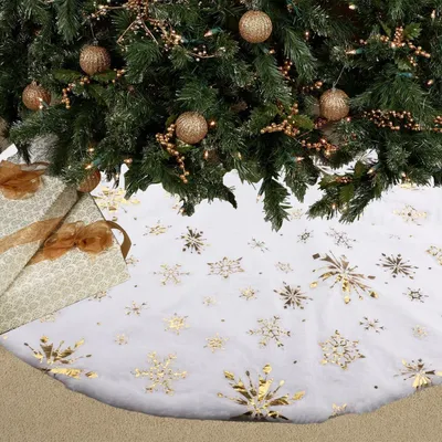 Obrázok produktu pre Vianočná dekoračná podložka pod stromček, okrúhla, biela, priemer 90 cm, plyšová, s motívom snehových vločiek