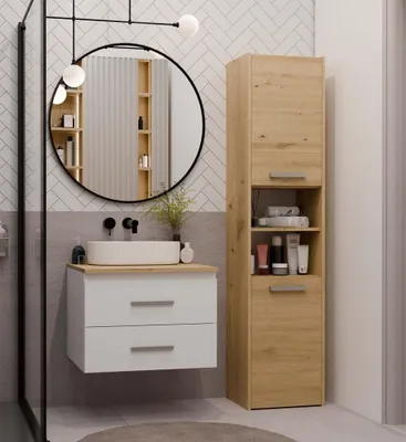 Produktbild von Badezimmerschrank unter Waschbecken, hängend, Modell Nel, 60 cm breit, weiß / Artisan-Eiche, mit 2 Schubladen