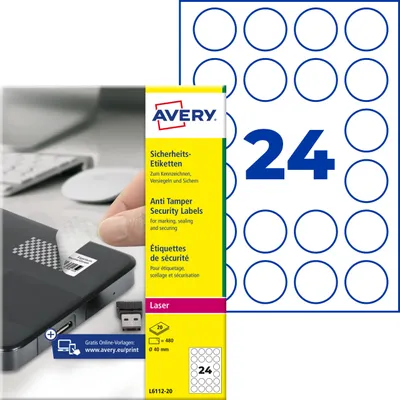 Produktbild von Avery Zweckform L6112-20, Sicherheits-Etiketten, A4, ? 40 mm, 480 Etiketten / 20 Bögen, weiß