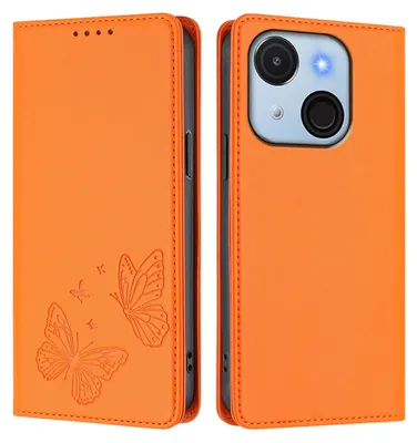 Produktbild von Lederhülle für itel A50C, Schmetterling Prägung Leder Brieftasche Schutzhülle mit Ständer Orange