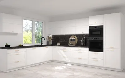 Produktbild von L-Form Küchenzeile SALO Einbauküche 268x387cm weiß Fronten weiß matt Teillauszug