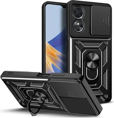 A black phone case with a sliding camera cover and a ring stand is displayed against a white background. Another view of the case is shown in the foreground, angled to highlight the ring stand and its texture.