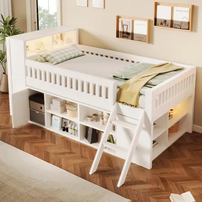 Imagen del producto de Cama de madera Flieks de 120 x 200 cm con escalera y barandilla de seguridad, cama individual con iluminación LED, cama nido con espacio de almacenamiento, color blanco, material: MDF y pino
