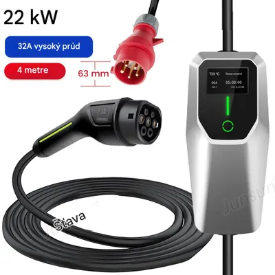 Obrázok produktu pre Mobilná nástenná nabíjačka pre elektromobily 20A/24A/32A EVSE EU nabíjací kábel pre elektromobily typ 2 prenosná nabíjačka 22KW 4m PX65