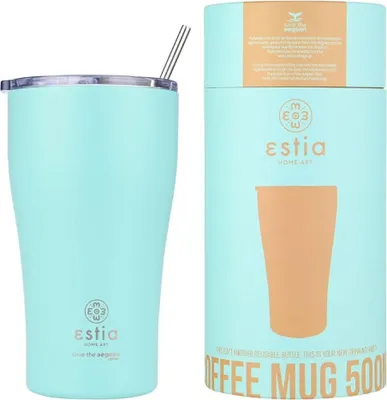 Zdjęcie produktu dla ESTIA | Kubek termiczny – kubek do kawy – kubek termiczny ze słomką – 500 ml – turkusowy – ze stali nierdzewnej