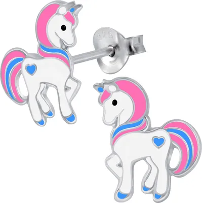 Produktbild von Kinder Ohrringe 925 echt Silber Einhorn Pferde Herz  925er Ohrstecker für kleine Mädchen K674