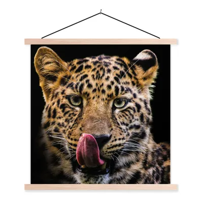 Produktbild von MuchoWow® Textilposter Leopard - Schwarz - Nahaufnahme 120x120 cm mit holzfarbenen Rahmen - Textil-Poster