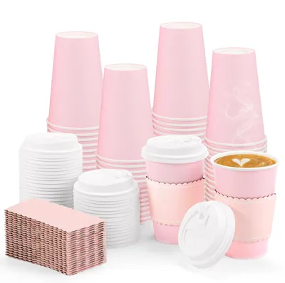 50 Pappbecher rosa 340 ml mit Deckeln und Manschetten