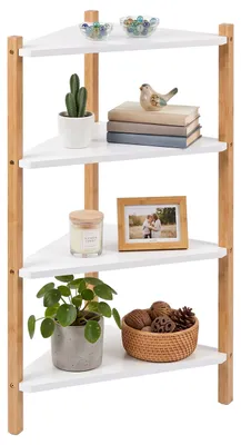 Image de Étagère d'angle Relaxdays, dimensions (H x L x P) : 80 x 46 x 25 cm, 4 étagères, étagère d'angle pour salon ou salle de bain, en MDF et bambou, couleur blanc/naturel, Image générée par une IA