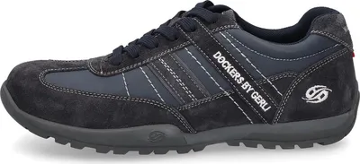A side view of a navy blue and gray Dockers by Gerli sneaker.