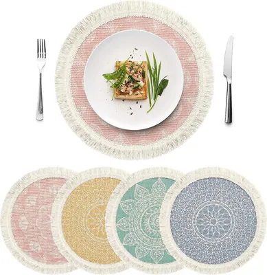 Produktbild von Gewebte Platzsets Untersetzern Hitzebeständige Platzdeckchen rutschfest Teller-Untersetzer für Küche Esszimmer Hochzeit Bauernhaus Tisch Dekoration, 33 cm, Runde, 4 Stück