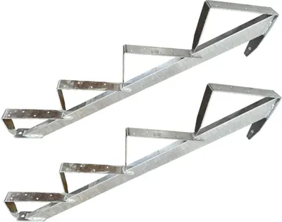 Two sets of galvanized metal stair stringers with four steps each, presented against a white background.