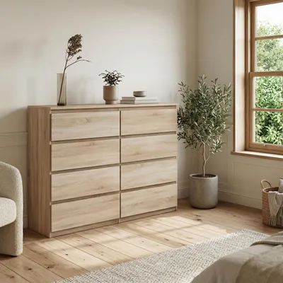 Produktbild von Masseno Kommode NUDO 138,5 cm Sideboard mit 8 Schubladen und  Türen für Wohnzimmer Schlafzimmer Modern 138,5x39x101,5 cm Sonoma Eiche / Sonoma Eiche