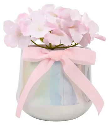 Produktbild von Künstliche Blume in Keramikvase mit Seidenschleife – Weiches, realistisches Kunstblumenarrangement – Tischdekoration für Zuhause