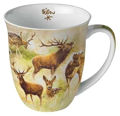 Porzellanbecher 0,4 L Fine Bone China mit Hirsch-Motiv