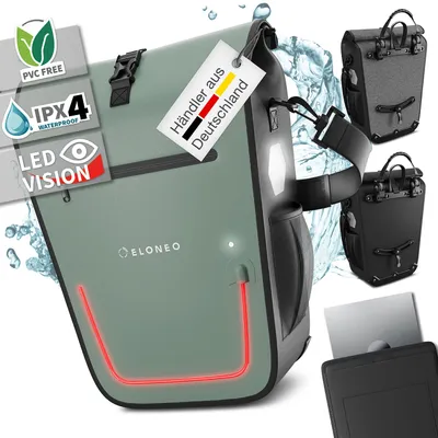 Produktbild von ELONEO Fahrradtasche für Gepäckträger mit LED Licht und Laptopfach, 25L - 100% wasserdicht mit Tragegriff und Schultergurt, Fahrradtasche Gepäckträger, Fahrrad Gepäckträgertasche, mintgrün