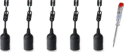 Produktbild von Baustellenfassung schwarz / weiß E27 230V max. 60Watt + 1 Phasenprüfer - Menge: 5 x schwarz + 1 Prüfer
