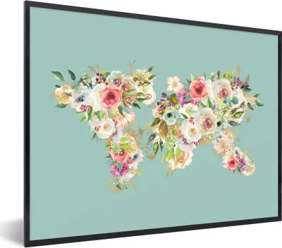 Produktbild von MuchoWow® Gerahmtes Poster Weltkarte - Blumen - Pastell 40x30 cm - Poster mit Schwarzem Bilderrahmen Wandposter Rahmen Foto Bilder - Kunstposter - Wanddekorationen