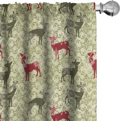 Produktbild von ABAKUHAUS Hirsch Vorhänge, Gardinen, Damast-Muster-ethnische und verzierte Weihnachtsthemenorientierte Tierschattenbilder, 2 Stück 75 x 175 cm, Olivgrün Hellgrün