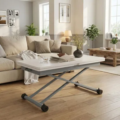 Produktbild von VOWNER Höhenverstellbarer 3-in-1 ausziehbarer platzsparender umwandelbarer Couchtisch für Esszimmer, Wohnzimmer etc. (Weiß mit Holzmaserung)