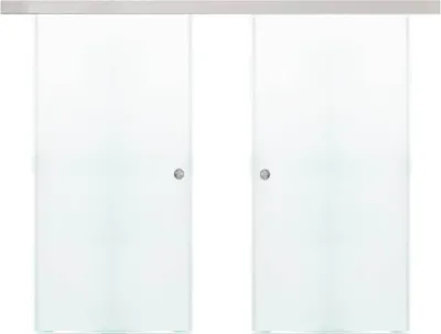 Two frosted glass sliding doors with silver handles, mounted on a silver rail against a white background.