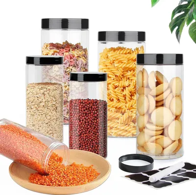 Immagine prodotto di Set di contenitori - Scatole di plastica da cucina 6 pezzi con coperchio - Cornflakes cereali farina tè spezie stoccaggio