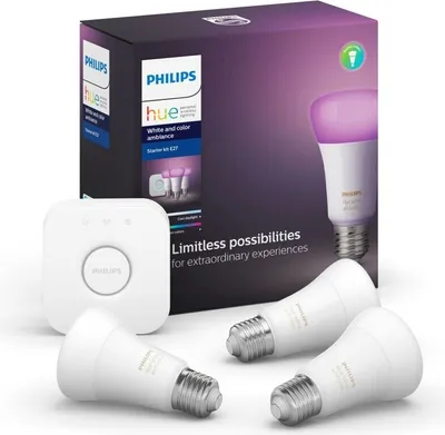 Produktbild von Philips Hue White and Color ambiance Starter-Set: 3 smarte Lampen E27 (800), Set für intelligente Beleuchtung, Bluetooth/Zigbee, Weiß, LED, E27, A60