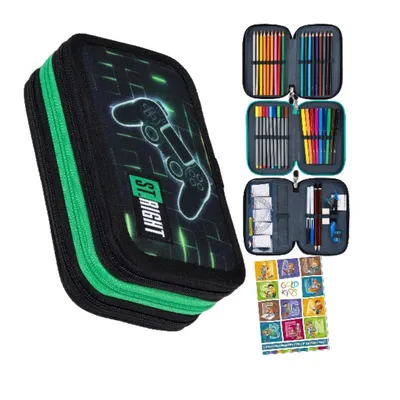 Produktbild von Federmäppchen 3 Fächer - Mäppchen für Mädchen und Jungen - Federmappe 3-Fach Federtasche 46-teilig Gefüllte Schüleretui Hausaufgabenheft - Gamepad
