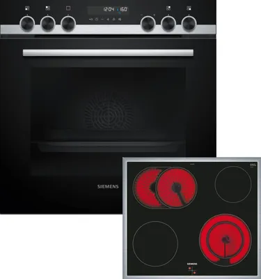 A black built-in oven and a black electric hob are shown side-by-side against a white background.