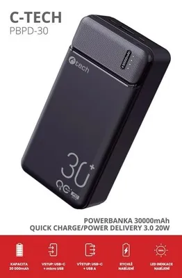 Zdjęcie produktu dla C-TECH BATCT1343, 30000 mAh, Litowo-polimerowy (LiPo), Czarny