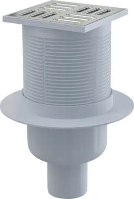 Produktbild von Alcadrain Bodenablauf 105 mm x 105 mm mit senkrechten Abgang DN 50 mm, Edelstahl Rost, Kombi-Geruchsverschluss SMART