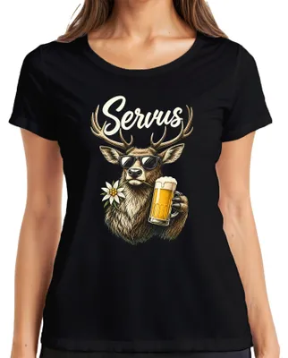 Productafbeelding van Servus Hirsch Bier zonnebril, Edelweiss, Beierse lederen broek, Dirndl, dames T-shirt, zwart, maat S