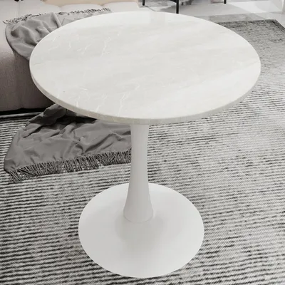Obrázok produktu pre MODFU Konferenčný stolík v štýle Mid-Century-Modern, stolík do obývačky s okrúhlou mramorovou doskou s priemerom 27,6 palca, rozkladací stolík s vysokými nohami pre 2-4 osoby, biely