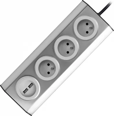 Obrázek produktu pro Zásuvka na kuchyňský nábytek s USB nabíječkou, suchý zip s kabelem 1,5 m - 3x2P+Z, 2xUSB, INOX s kabelem 1,5 m.