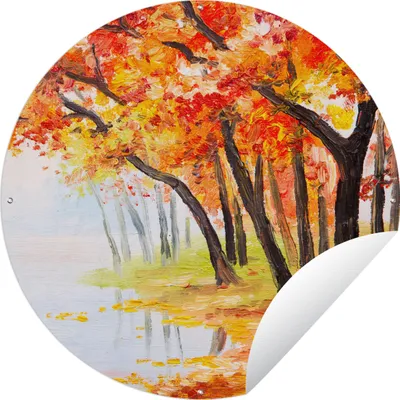 Produktbild von MuchoWow® Gartenposter Outdoor-Poster Rund Gemälde - Herbst - Bäume - Wasser - Ölfarbe Ø 150 cm Gartendeko Rundes Poster draußen