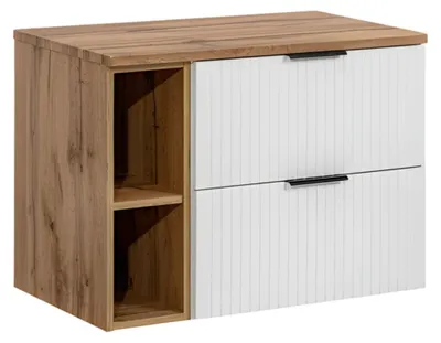 Produktbild von Badezimmer-Set NOXERA 80 cm – Hängender Waschtischunterschrank in Mattweiß und Wotan-Eiche mit Waschtischplatte und 2 Fächern