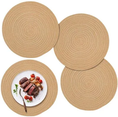 Immagine prodotto di Ibenzoa® Set da 4 sottopiatti rotondi (diametro 30 cm) in cotone-poliestere, resistenti al calore fino a 70°C, lavabili, resistenti a olio e acqua, color marrone chiaro, stile boho, antiscivolo
