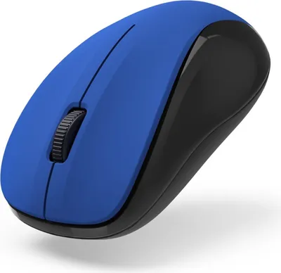 A blue and black wireless computer mouse is shown from a diagonal angle on a white background.