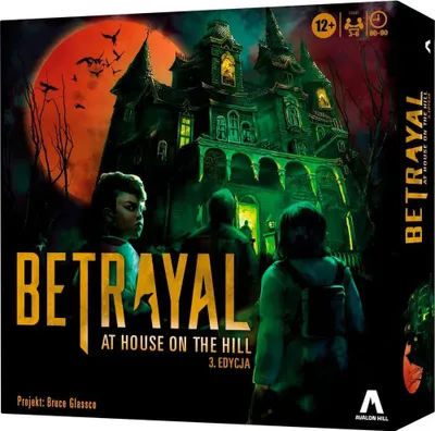 The image shows the box of a board game with a spooky house and people approaching it.