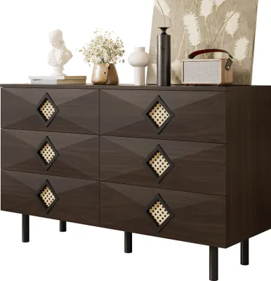 Immagine prodotto di Sweiko Elegante toletta a 6 cassetti con maniglia in rattan, per camera da letto e soggiorno - Pratico spazio di archiviazione e stabilità, perfetto per la vostra casa
