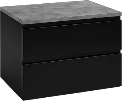 A black bathroom cabinet with a gray countertop.