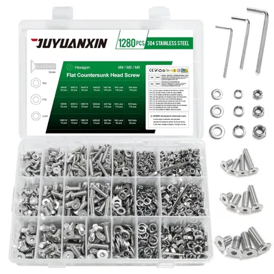 Produktbild von Schraubenset 1280 Stücke, M4 M5 M6, Edelstahl, Senkkopfschrauben mit Muttern und Unterlegscheiben, für