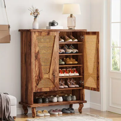 Produktbild von Schuhschrank - Schuhregal - Schuhaufbewahrungsbox - Schuhhalter - Schuhmöbel - 5-stöckig, mit Rattan-Türen