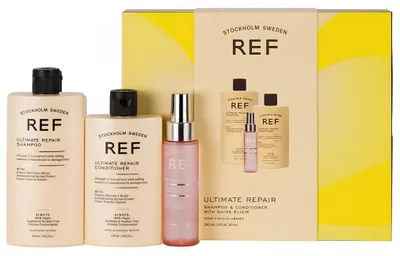 Obrázek produktu pro Dárková sada Ref Stockholm: Ultimate Repair, bezsulfátový regenerační a vyživující šampon, 285 ml + Ultimate Repair, bezsulfátový kondicionér, hydratuje, rozčesává a dodává lesk, 245 ml + Shine Elixir, vlasové sérum