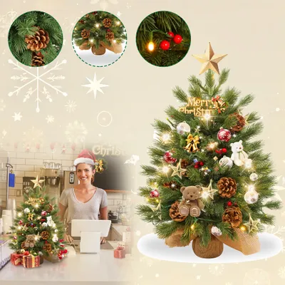 Obrázek produktu pro LZQ 60cm umělý vánoční stromek s 30 led diodami a 10 šiškami, 10 červených bobulí, mini umělý vánoční stromek, stolní vánoční stromek, vánoční dekorace, jedle, materiál PVC, včetně dřevěného podstavce