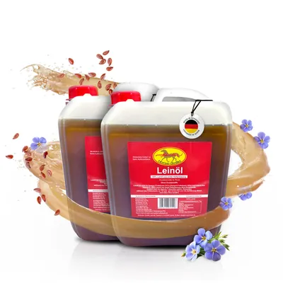 Produktbild von Leinöl Tierfutterzusatz 2 x 5 Liter für Pferde, Hunde & Katzen, Omega-3, Omega-6, Vitamin E, ohne Zusatzstoffe aus erster Kaltpressung