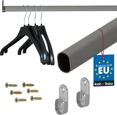 A collection of items for a closet rod, including a rod, hangers, screws, and mounting brackets.