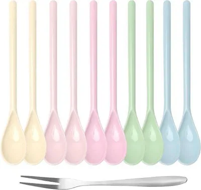 Immagine prodotto di Set di 10 cucchiai in plastica riciclata in vari colori vivaci, ideali per zuppe, dessert e gelati